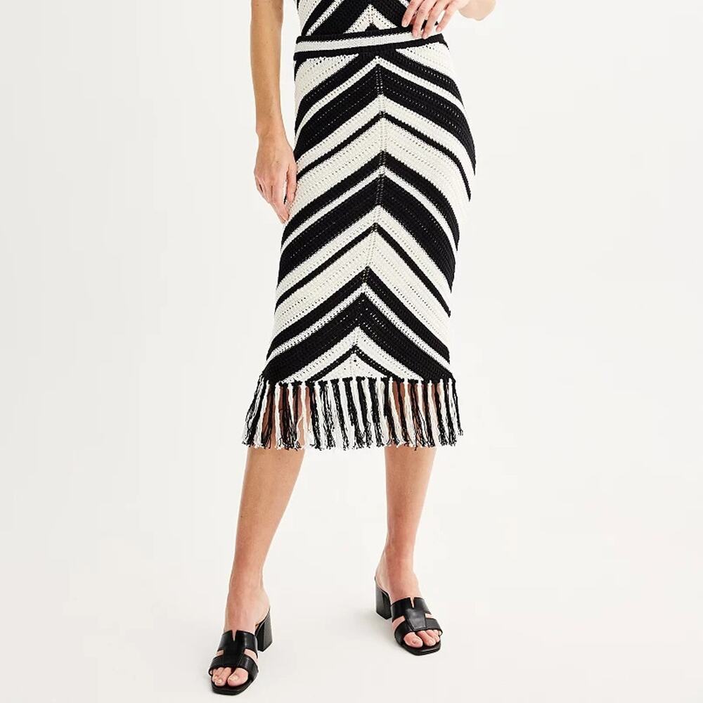 Nine West Cotton Crochet Pencil Skirt Fringe Lined Black White Stripe NWT L